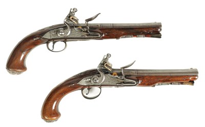 Lot 500 - A PAIR OF 18TH CENTURY SILVER-MOUNTED ENGLISH FLINTLOCK PISTOLS BY BARBAR, LONDON.