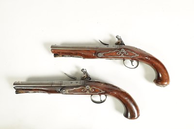 Lot 500 - A PAIR OF 18TH CENTURY SILVER-MOUNTED ENGLISH FLINTLOCK PISTOLS BY BARBAR, LONDON.