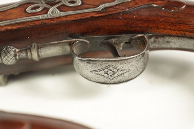 Lot 500 - A PAIR OF 18TH CENTURY SILVER-MOUNTED ENGLISH FLINTLOCK PISTOLS BY BARBAR, LONDON.