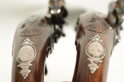 Lot 500 - A PAIR OF 18TH CENTURY SILVER-MOUNTED ENGLISH FLINTLOCK PISTOLS BY BARBAR, LONDON.