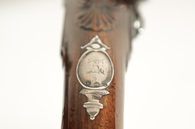 Lot 500 - A PAIR OF 18TH CENTURY SILVER-MOUNTED ENGLISH FLINTLOCK PISTOLS BY BARBAR, LONDON.