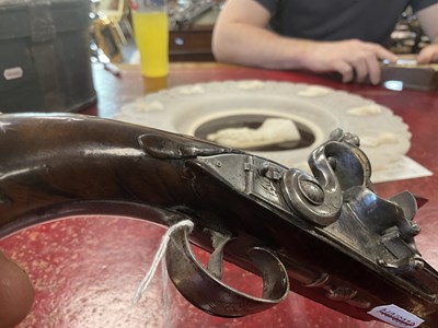Lot 500 - A PAIR OF 18TH CENTURY SILVER-MOUNTED ENGLISH FLINTLOCK PISTOLS BY BARBAR, LONDON.