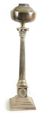 Lot 605 - A 19TH CENTURY SILVER PLATED OIL LAMP