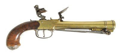 Lot 496 - A WATERS & CO. PATENT GEORGE III SILVER MOUNTED FLINTLOCK BLUNDERBUSS BOX-LOCK PISTOL WITH UNDER FLICK BAYONET