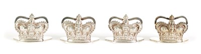 Lot 406 - A SET OF FOUR GEORGE VI CORONATION CROWN SILVER MENU HOLDERS