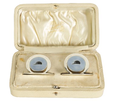 Lot 393 - A CASED PAIR OF SILVER AND GUILLOCHE ENAMEL JOCKEY CAP MENU HOLDERS