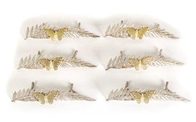 Lot 337 - A SET OF SIX LATE 19TH CENTURY SILVER GILT FERN AND BUTTERFLY MENU HOLDERS