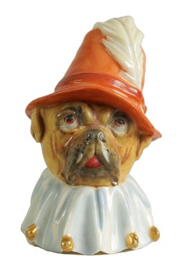 Lot 40 - A RARE ROYAL WORCESTER CANDLE EXTINGUISHER OF 'DOG TOBY'