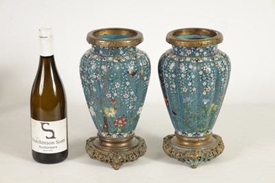 Lot 51 - A GOOD PAIR OF 19TH CENTURY JAPANESE CLOISONNÉ ORMOLU MOUNTED LAMP BASES
