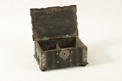 Lot 159 - AN 18TH CENTURY CEYLONESE CARVED EBONY AND SILVER METAL MOUNTED JEWELLERY BOX