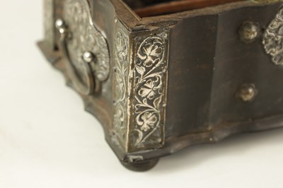Lot 159 - AN 18TH CENTURY CEYLONESE CARVED EBONY AND SILVER METAL MOUNTED JEWELLERY BOX