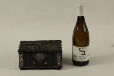 Lot 159 - AN 18TH CENTURY CEYLONESE CARVED EBONY AND SILVER METAL MOUNTED JEWELLERY BOX