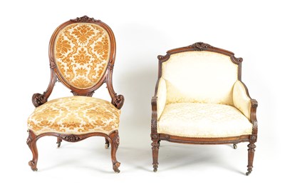 Lot 1086 - A 19TH CENTURY CARVED WALNUT DRAWING ROOM CHAIR TOGETHER WITH A 19TH CENTURY FRENCH SALON CHAIR