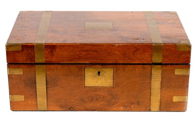 Lot 1119 - A 19TH CENTURY BRASS BOUND WALNUT WRITING BOX
