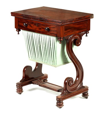 Lot 1350 - A EARLY VICTORIAN FIGURED MAHOGANY FOLD-OVER WORK TABLE