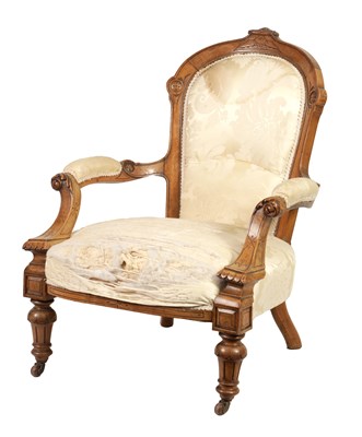 Lot 1271 - A LATE 19TH CENTURY OPEN ARM CARVED UPHOLSTERED WALNUT DRAWING ROOM CHAIR