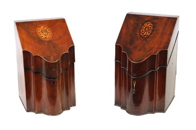 Lot 875 - A MATCHED PAIR OF GEORGIAN INLAID MAHOGANY KNIFE BOXES
