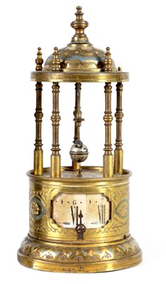 Lot 725 - A 20TH-CENTURY BRASS AND ENAMEL PAINTED BANDSTAND MYSTERY DESK CLOCK