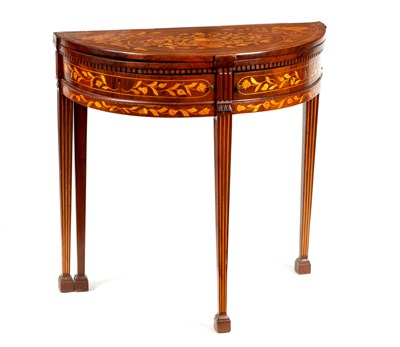 Lot 1305 - AN 18TH CENTURY DUTCH WALNUT AND MARQUETRY DEMI LUNE CARD TABLE