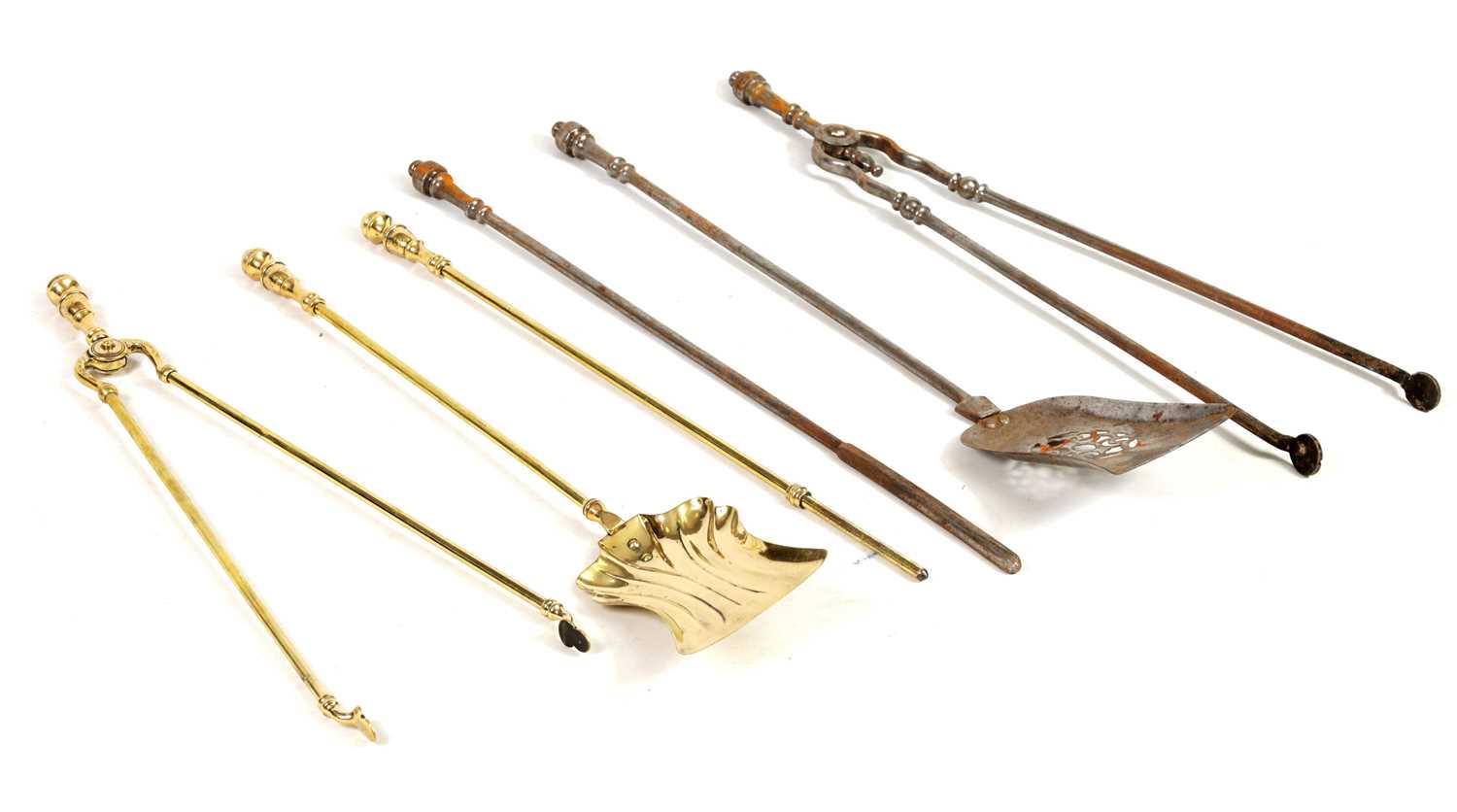 Lot 438 - TWO SETS OF BRASS AND STEEL FIRE IRONS