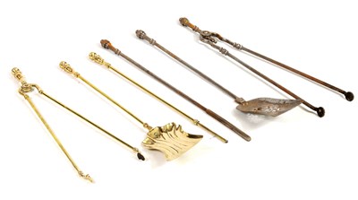 Lot 521 - TWO SETS OF BRASS AND STEEL FIRE TOOLS