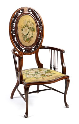 Lot 1239 - AN EDWARDIAN INLAID ROSEWOOD ARMCHAIR WITH TAPESTRY UPHOLSTERY