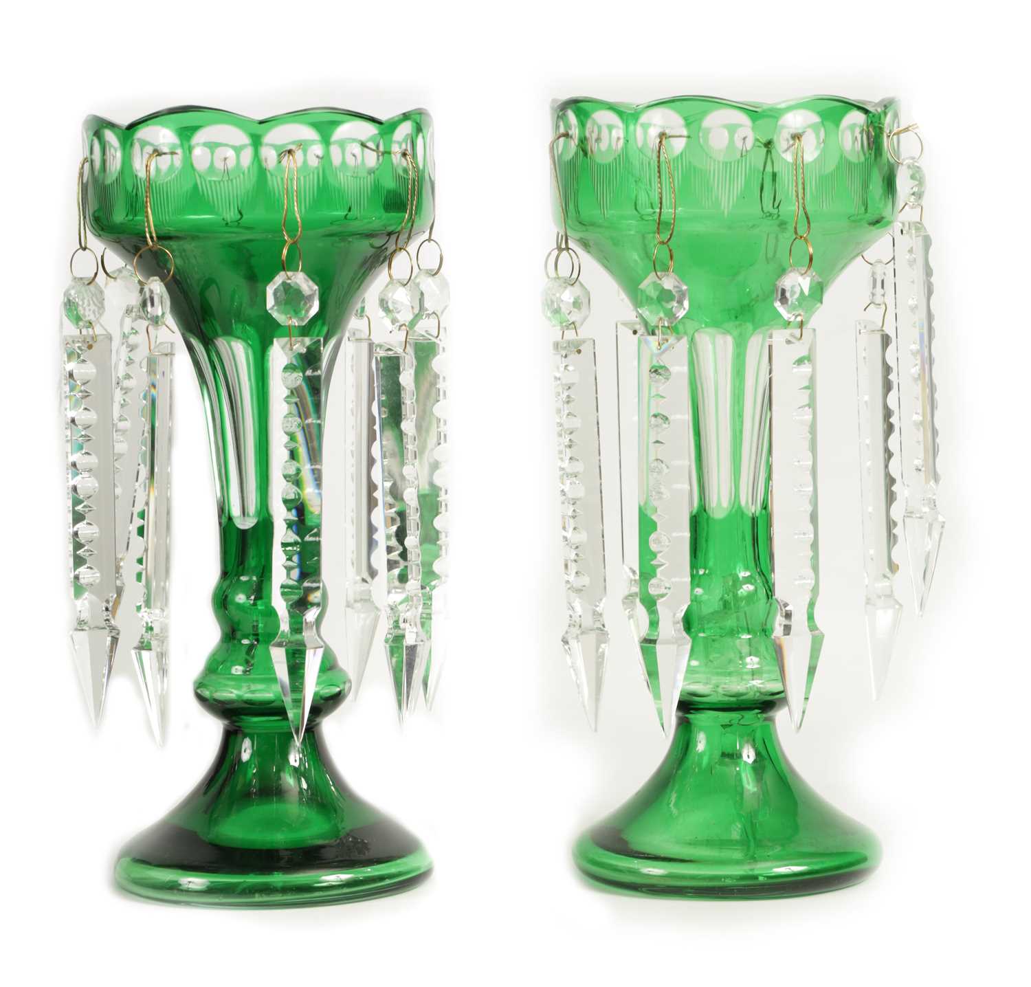 Lot 22 - A PAIR OF 19TH CENTURY GREEN AND CLEAR GLASS LUSTRES