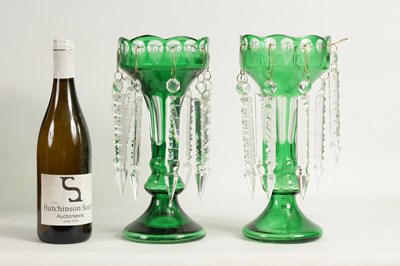 Lot 22 - A PAIR OF 19TH CENTURY GREEN AND CLEAR GLASS LUSTRES