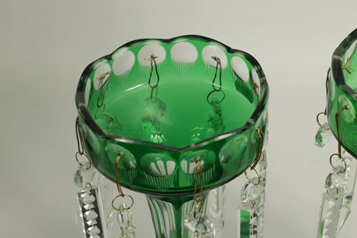 Lot 22 - A PAIR OF 19TH CENTURY GREEN AND CLEAR GLASS LUSTRES