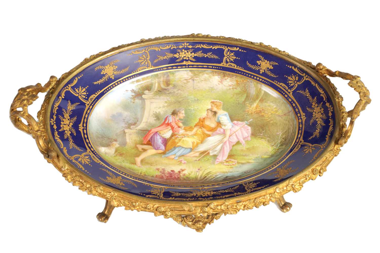 Lot 55 - A LATE 19TH CENTURY SERVES STYLE OVAL ORMOLU MOUNTED CENTREPIECE
