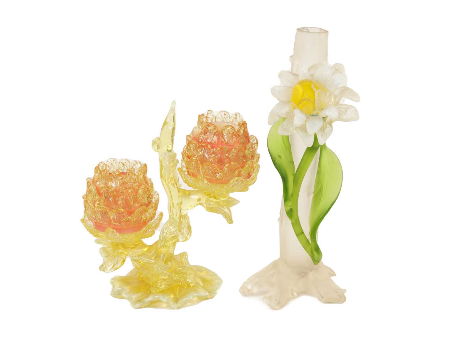 Lot 14 - A DECORATIVE 19TH CENTURY VASELINE GLASS TWO BRANCH CANDLE HOLDER