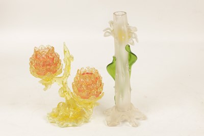 Lot 14 - A DECORATIVE 19TH CENTURY VASELINE GLASS TWO BRANCH CANDLE HOLDER