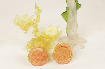 Lot 14 - A DECORATIVE 19TH CENTURY VASELINE GLASS TWO BRANCH CANDLE HOLDER