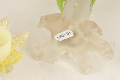 Lot 14 - A DECORATIVE 19TH CENTURY VASELINE GLASS TWO BRANCH CANDLE HOLDER