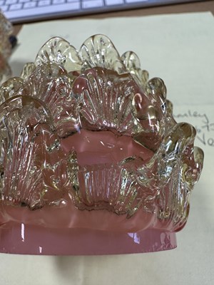 Lot 14 - A DECORATIVE 19TH CENTURY VASELINE GLASS TWO BRANCH CANDLE HOLDER
