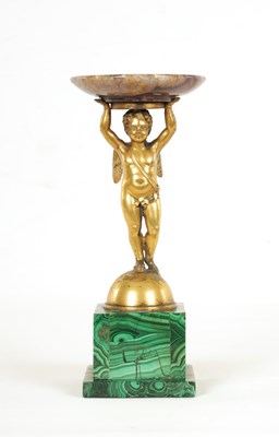 Lot 664 - A REGENCY FIGURAL GILT BRONZE, MALACHITE AND BLUE JOHN TAZZA