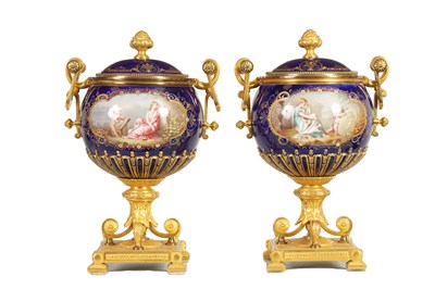 Lot 61 - A FINE PAIR OF 19TH CENTURY ORMOLU AND SEVRES PORCELAIN TWO HANDLED VASE AND COVERS