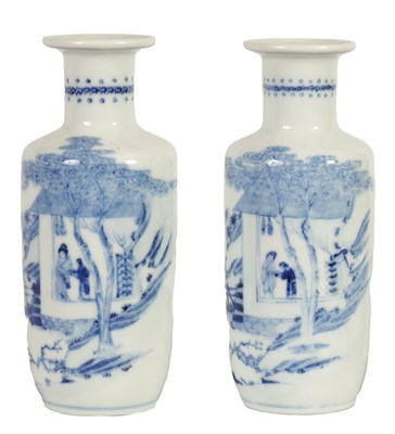 Lot 240 - A PAIR OF 19TH CENTURY CHINESE BLUE AND WHITE ROULEAU PORCELAIN VASES