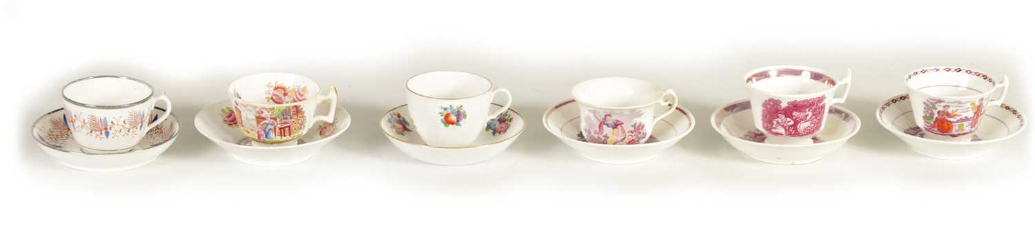 Lot 59 - A COLLECTION OF SIX VARIOUS 19TH CENTURY PORCELAIN AND CHINAWARE LARGE TEACUPS AND SAUCERS