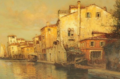 Lot 706 - ANTOINE BOUVARD SNR. (1870-1956). AN EARLY 20TH CENTURY OIL ON CANVAS VENETIAN CANAL SCENE