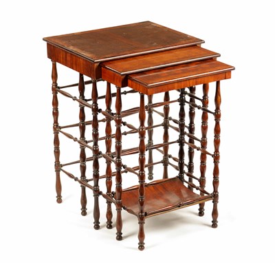 Lot 1183 - A SET OF THREE 19TH CENTURY SPECIMEN WOOD NEST OF TABELS IN THE GILLOWS STYLE