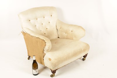 Lot 1186 - TWO LATE 19TH CENTURY HOWARD STYLE BUTTON UPHOLSTERED LOW SEATED ARMCHAIRS