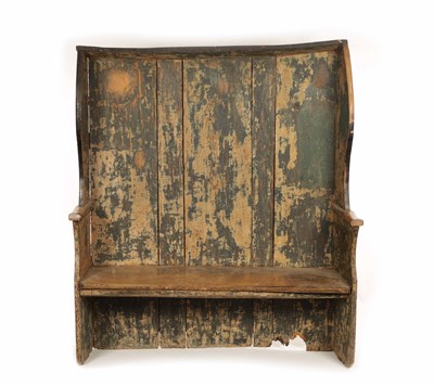 Lot 1310 - AN 18TH CENTURY ELM PAINTED 'BARREL BACK' SETTLE