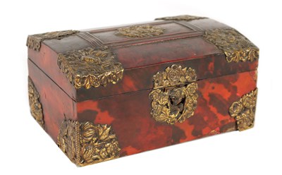 Lot 1129 - AN 18TH CENTURY EUROPEAN BRASS MOUNTED TORTOISESHELl CASKET