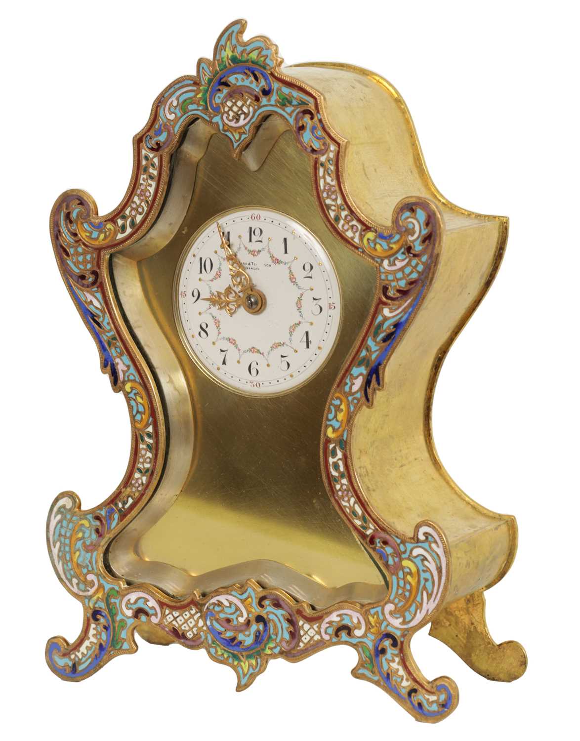 Lot 1657 - A LATE 19TH CENTURY BRASS AND CHAMPLEVE ENAMEL MANTEL CLOCK