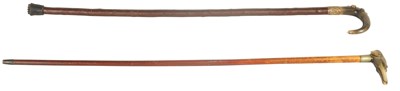 Lot 453 - TWO 19TH CENTURY CARVED HORN-HANDLED WALKING STICKS.