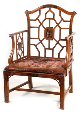 Lot 1228 - A FINE 19TH CENTURY PAINTED SATINWOOD 'CHINESE CHIPPENDALE' STYLE COCK PEN ARMCHAIR