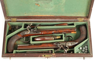Lot 367 - WOGDON, LONDON. A FINE CASED PAIR OF EARLY 19TH CENTURY FLINTLOCK DUELLING PISTOLS