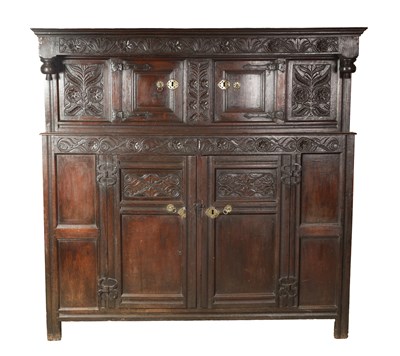 Lot 1465 - A LATE 17TH CENTURY ENGLISH JOINED OAK COURT CUPBOARD WITH CARVED FRIEZES AND PANELLED DOORS