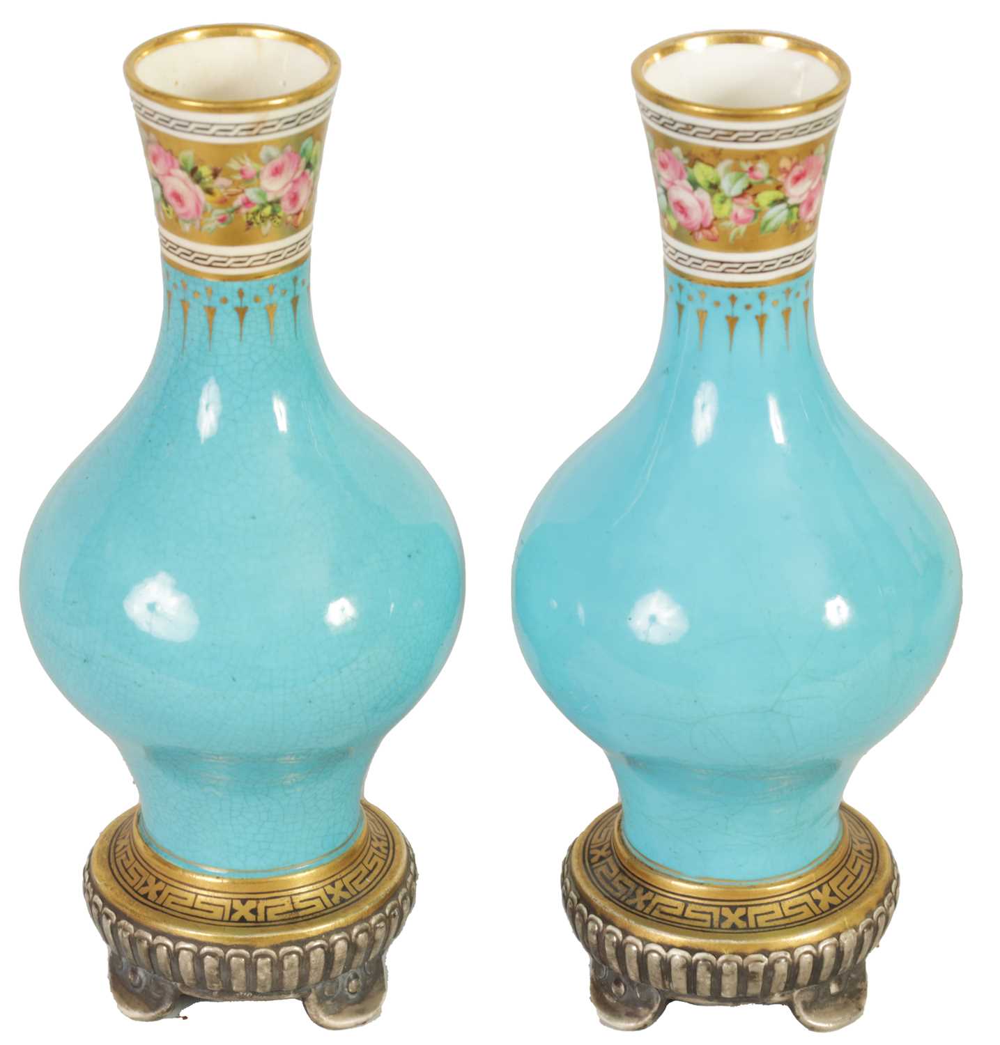 Lot 38 - A PAIR OF 19TH CENTURY MINTON AESTHETIC MOVEMENT GILT AND TURQUOISE VASES